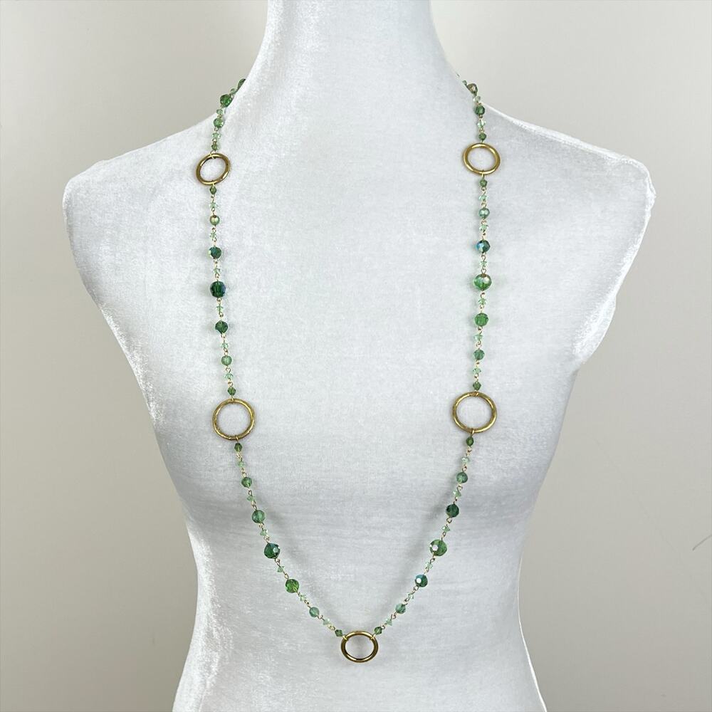 Handmade Green Crystal Beaded Necklace with Gold Tone Rings Hand Crafted